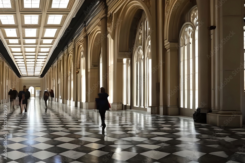 Blurred Motion People Walking On A High School Hallway. Generative AI Blurred Motion People Walking On A High School Hallway. Generative AI