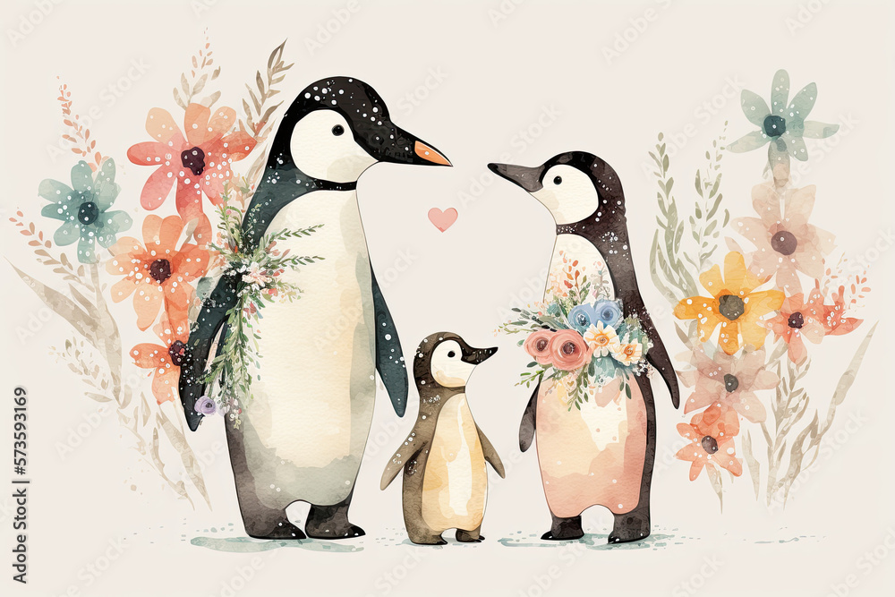 Obraz premium Watercolor cute penguins family with flowers. Cartoon animal portrait design. Spring holiday card. Love, family concept. Generative AI