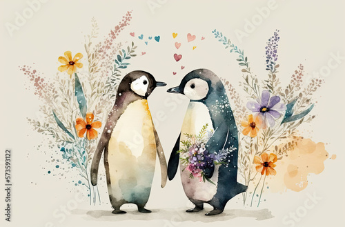 Watercolor cute penguins couple with flowers. Cartoon animal portrait design. Spring holiday card. Love, friendship concept. Generative AI