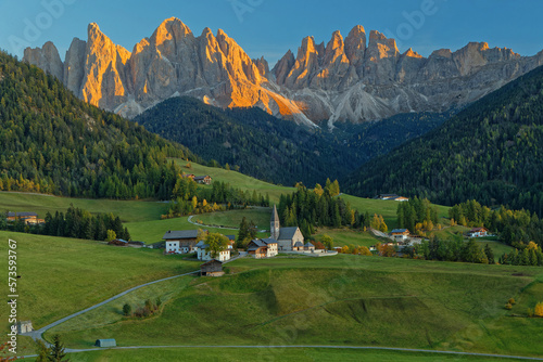 Landscape of Santa Maddalena Alta, Val di Funes, at sunset, on the italian Dolomites, with fall colors