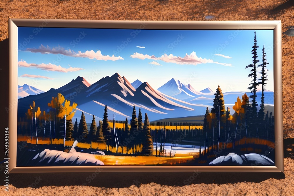 Obraz premium oil painting brush stroke, rocky mountain in background. foreground entire deer small on left, trees on right - generative ai