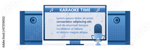 TV screen or monitor with song lyrics. Karaoke time. Microphone, large music speakers play music loudly. Home party, weekend or holiday entertainment.