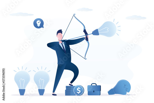 Confident businessman aiming target with bow and idea bulb arrow. Launch new business project. Creative entrepreneur starts new enterprise. Brainstorming, advertising campaign concept.
