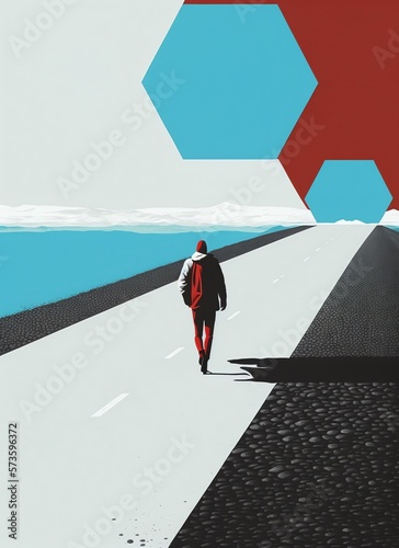 man walks along an abandoned road, hexagonal minimalism, Generative AI