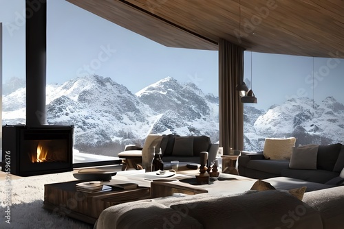 Mountain Challet Interior. Living Room With Fireplace In Winter. Snowy Landscape View Out Of Windows. Generative AI photo