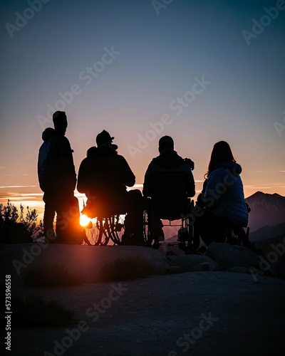 Four diverse friends watching the sun setting  on a warm spring evening