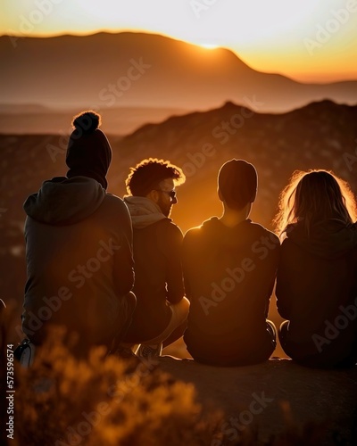 A group of four young friends sitting in the mountains and watching the spring sunset
