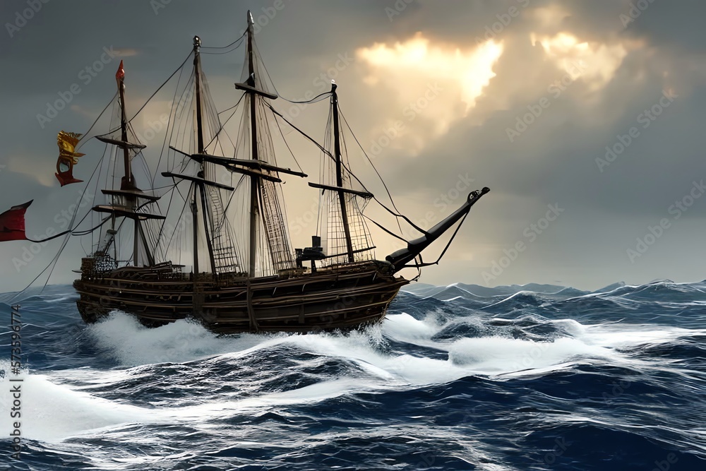 Obraz premium Pirate Ship Sailing At Storm On The Sea. Generative AI