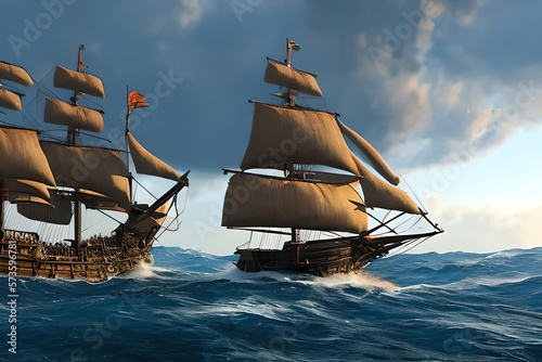 Pirate Ship Sailing At Storm On The Sea. Generative AI