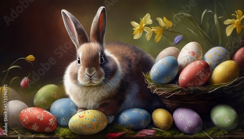 scène de pâques avec un lapin et des oeufs, généré par IA