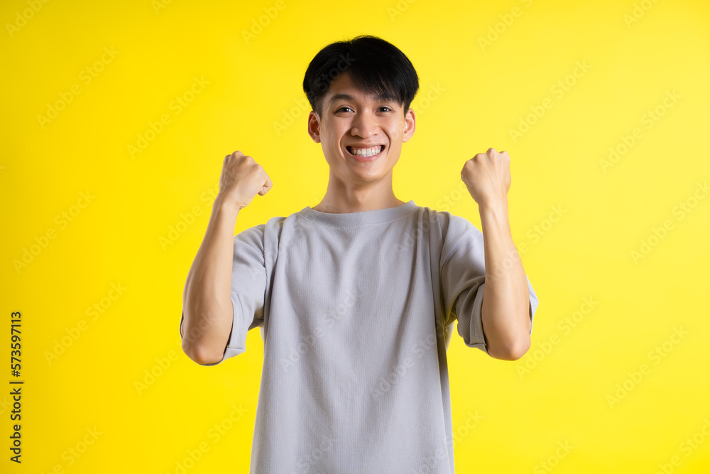 image of handsome young man posing on a yellow background image of handsome young man posing on a yellow background