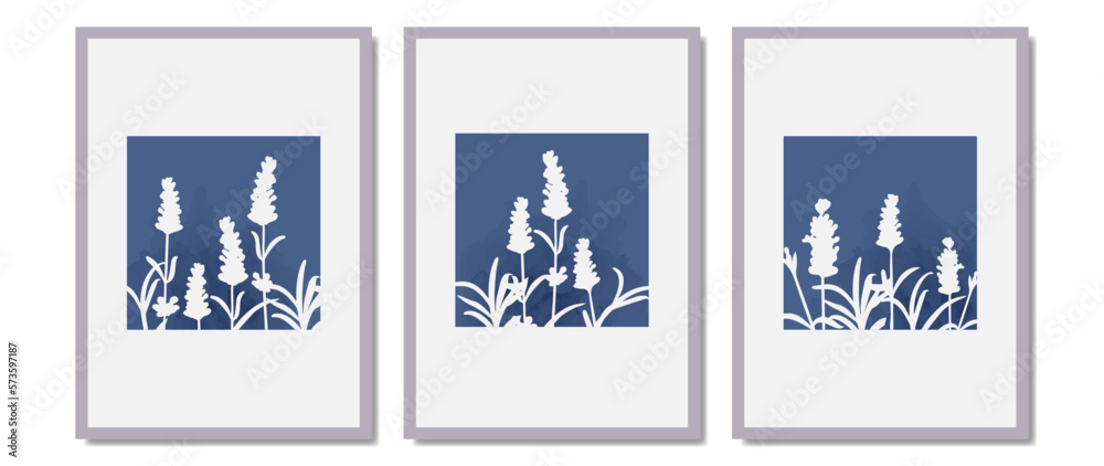 Vector botanical art poster set. Hand-drawn images of lavender bouquets with a geometric shape and aquarelle in the background. Illustration for home decor, postcards, interior, print. Vector botanical art poster set. Hand-drawn images of lavender bouquets with a geometric shape and aquarelle in the background. Illustration for home decor, postcards, interior, print.