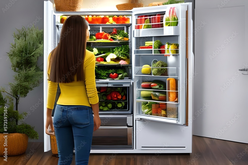 View From The Back Of Beautiful Young Woman Opens Fridge Door. Looks Inside Takes Out Vegetables. Woman Preparing Healthy Meal Using Groceries Full Of Healthy Illustration. Generative AI