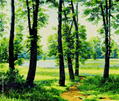 Watercolor paintings landscape with trees and flowers, green forest in the morning, landscape with sky and clouds