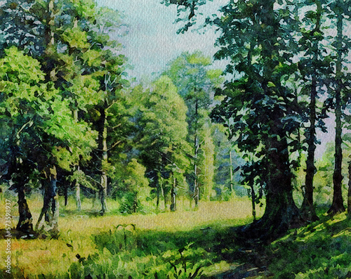 Watercolor paintings landscape with trees and flowers, green forest in the morning, landscape with sky and clouds
