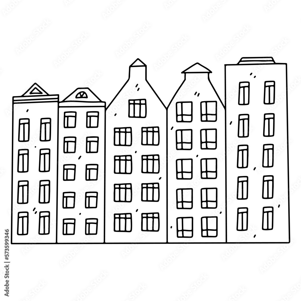 Scandinavian Netherlands house in hand drawn doodle style. Vector illustration for card, poster.