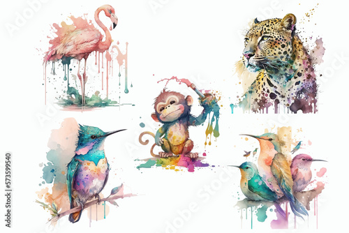 Safari Animal set birds hummingbird, monkey and jaguar, flamingo in watercolor style. Isolated vector illustration