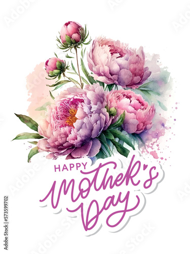 WaterColor Mother's day greeting card Pink peony illustration with flowers background for banners,Wallpaper, invitation, posters, brochure, voucher discount.