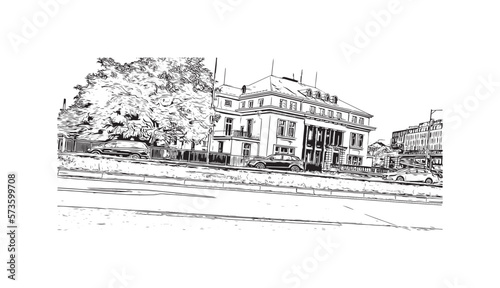 Building view with landmark of Plzen is a city in the Czech Republic. Hand drawn sketch illustration in vector.