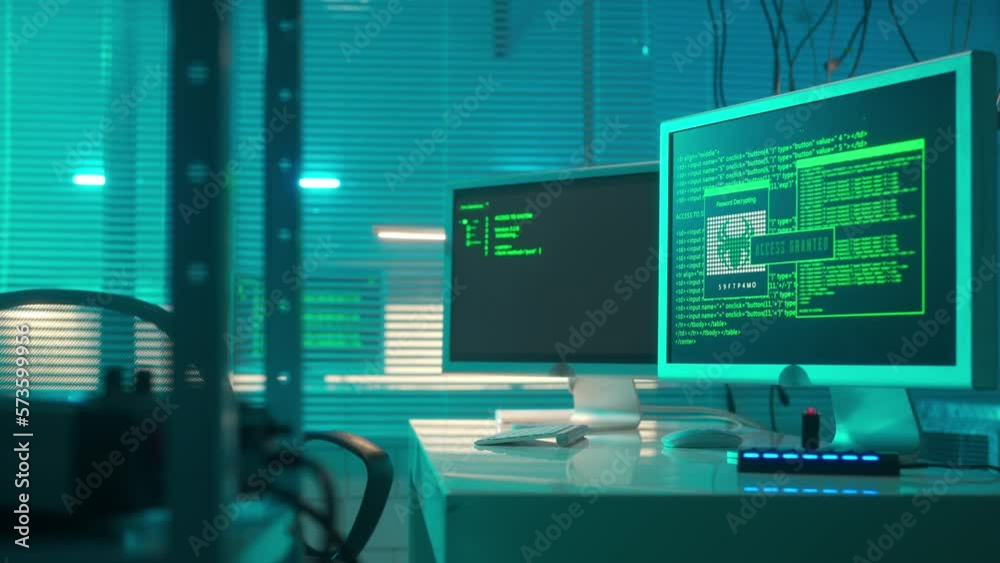 Computer screen with green lines of program codes and red window with access denied warning. Access granted. Computer virus attack, cybercrime, computer hacking attack concept.