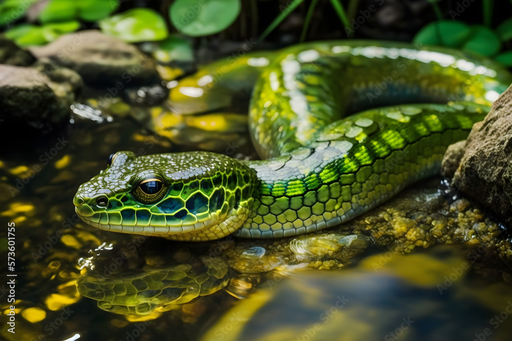 Green snake in the moist forest by the stream Generative AI Green snake in the moist forest by the stream Generative AI