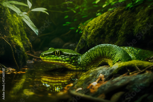 Green snake in the moist forest by the stream Generative AI