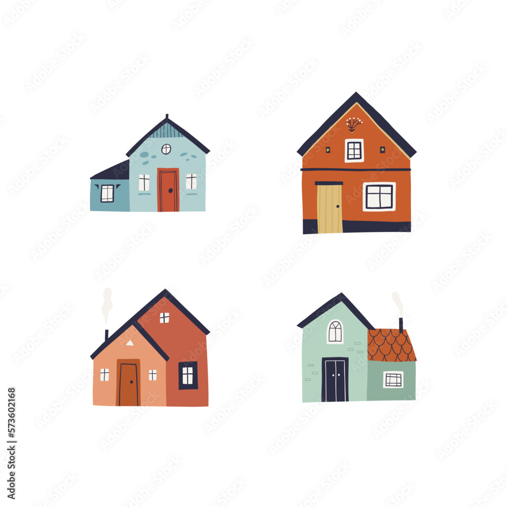 Colorful clipart set, hand-drawn buildings in a trendy style with cute details. Colorful clipart set, hand-drawn buildings in a trendy style with cute details.