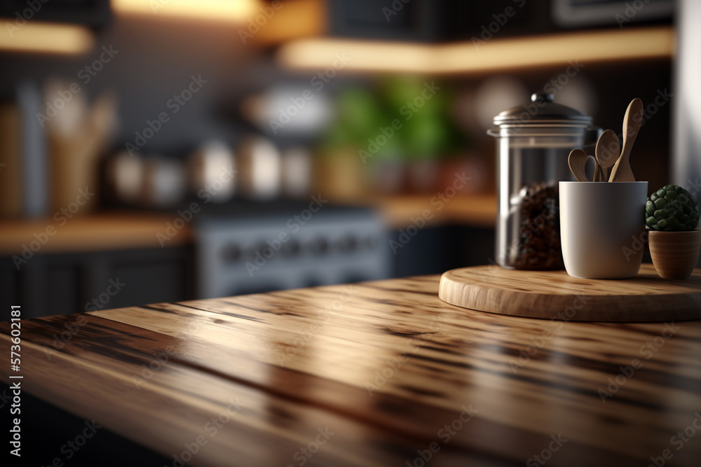 Kitchen Counter Backgorund Empty wooden tabletop with blurred kitchen background. Mock up for ...