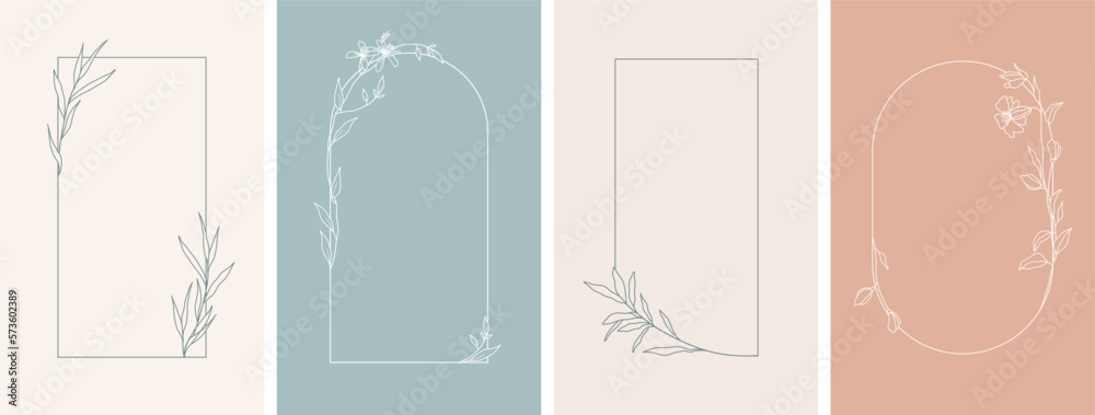 Elegant frames with hand drawn flowers and leaves, design templates in line style. Vector backgrounds for wedding invitations, greeting cards, social media stories, label, corporate identity - obrazy, fototapety, plakaty 