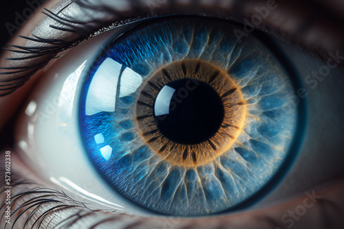 Beautiful human blue eye macro  iris details closeup. AI generated image