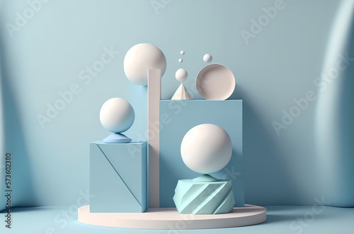 Stage podium scene for product presentation on blue background with lighting, generative ai.