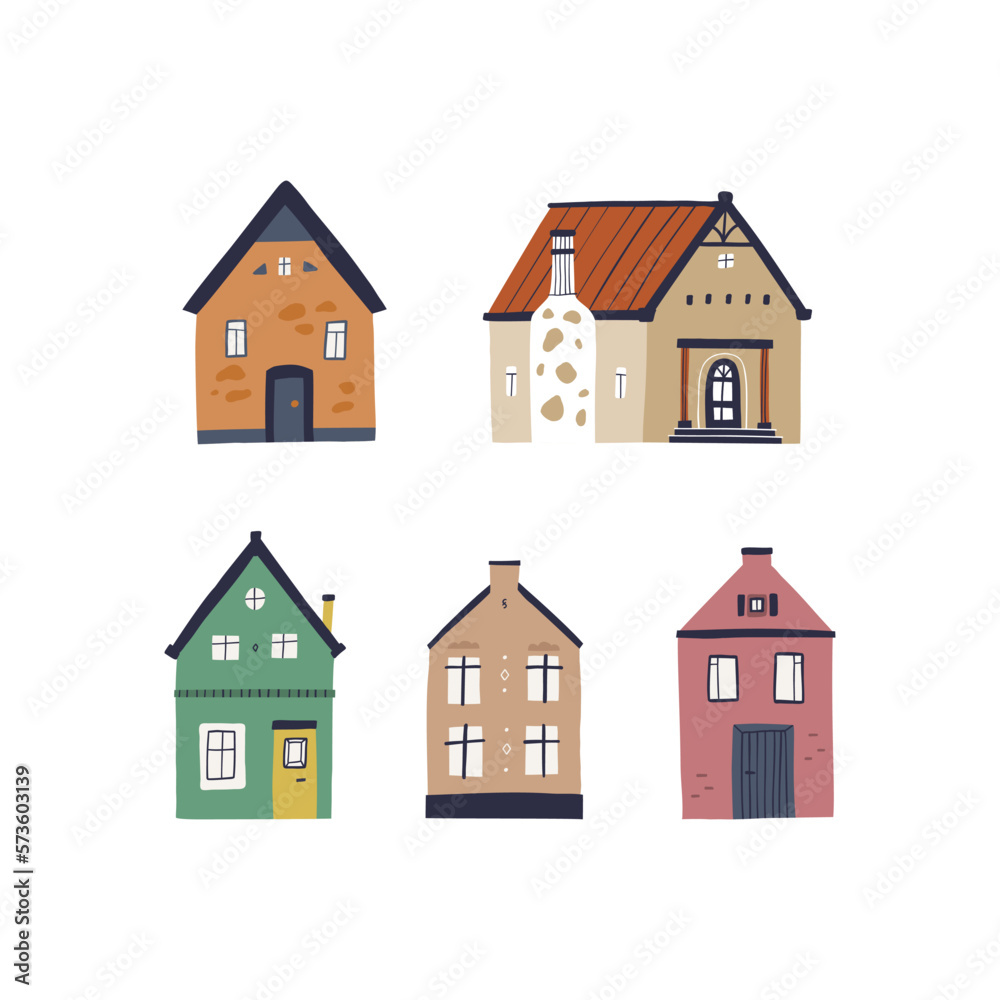 Colorful clipart set, hand-drawn buildings in a trendy style with cute details.