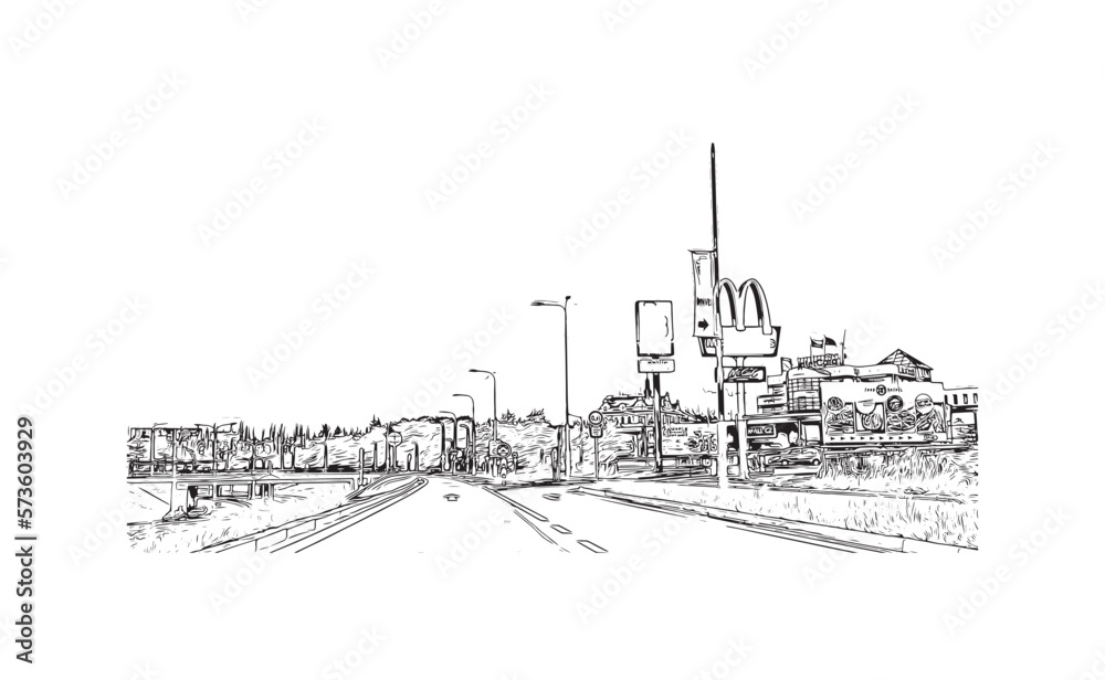 Building view with landmark of Plzen is a city in the Czech Republic. Hand drawn sketch illustration in vector.