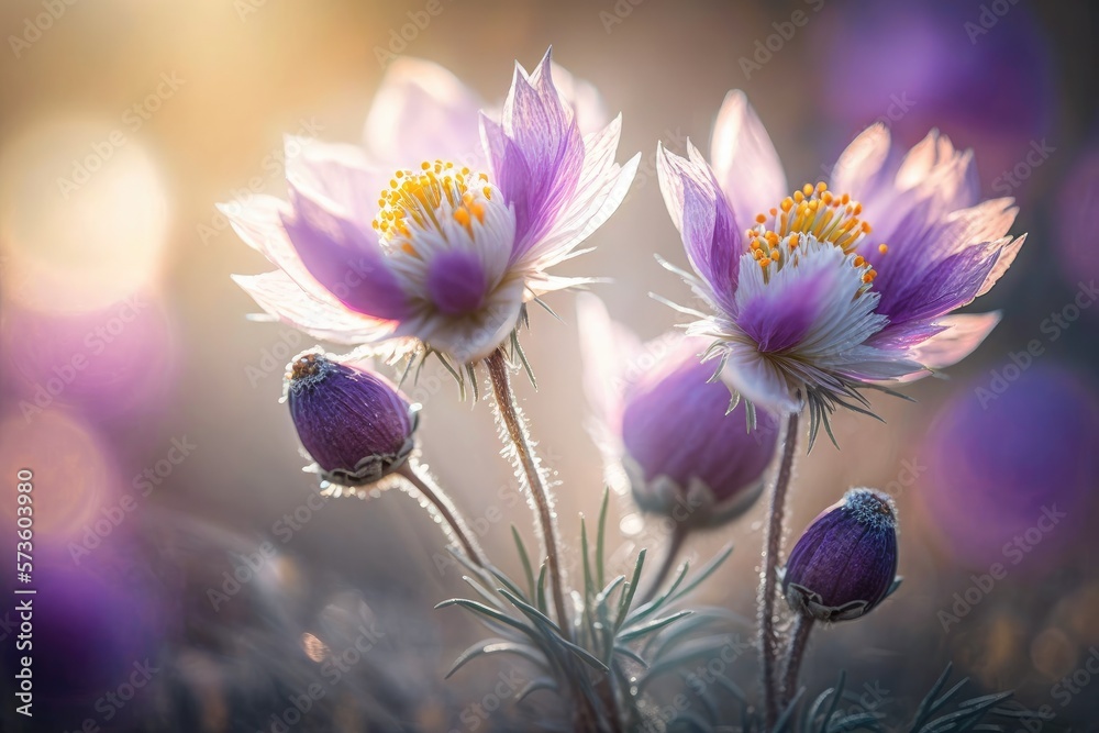 Pasque flowers Pulsatilla blooming in spring. Generative AI