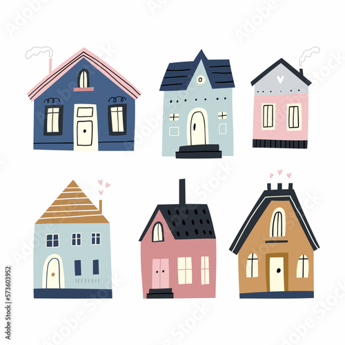 Colorful clipart set, hand-drawn buildings in a trendy style with cute details.
