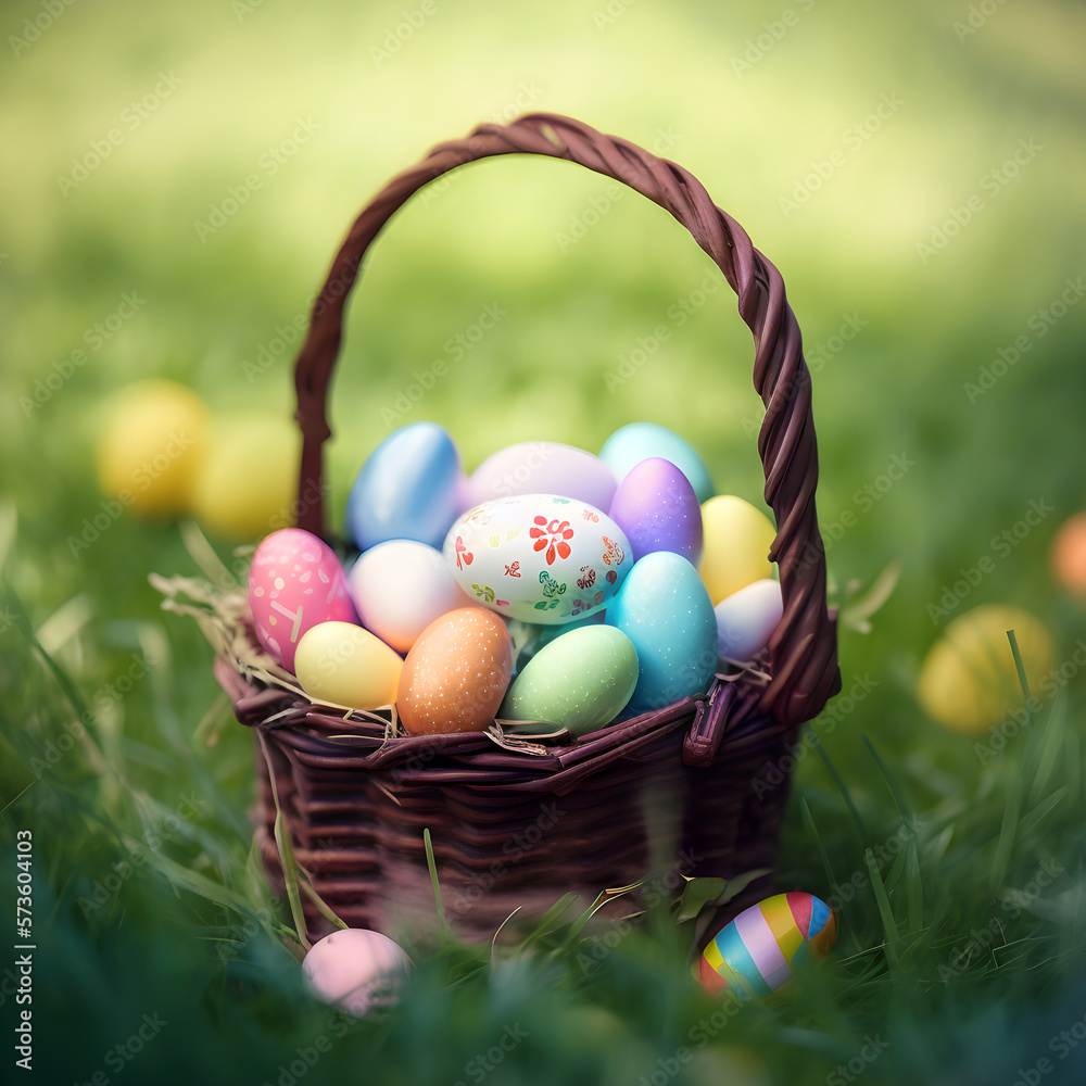 Basket full of painted easter eggs in green grass, sunny day, morning light, generative, ai