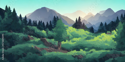 Panoramic view on a valley and forest in front of mountain range. Generative AI
