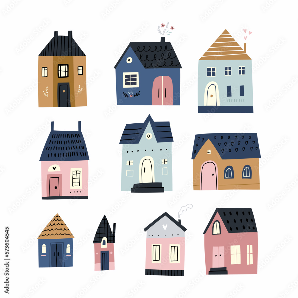 Colorful clipart set, hand-drawn buildings in a trendy style with cute details. Colorful clipart set, hand-drawn buildings in a trendy style with cute details.