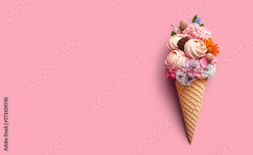 Waffle cone with spring bouquet of gorgeous flowers. Festive composition on pink background.  Top view, isolated. Place for text copy. Valentine's Day, Birthday, Happy Women's Day, Mother's Day.