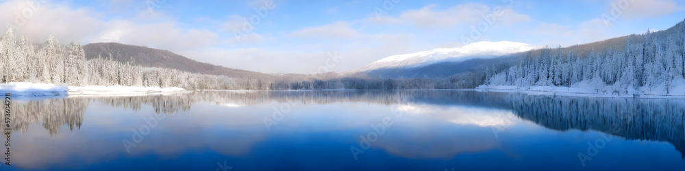 Scenic landscape of snow-covered mountains and a crystal lake. Generative AI.