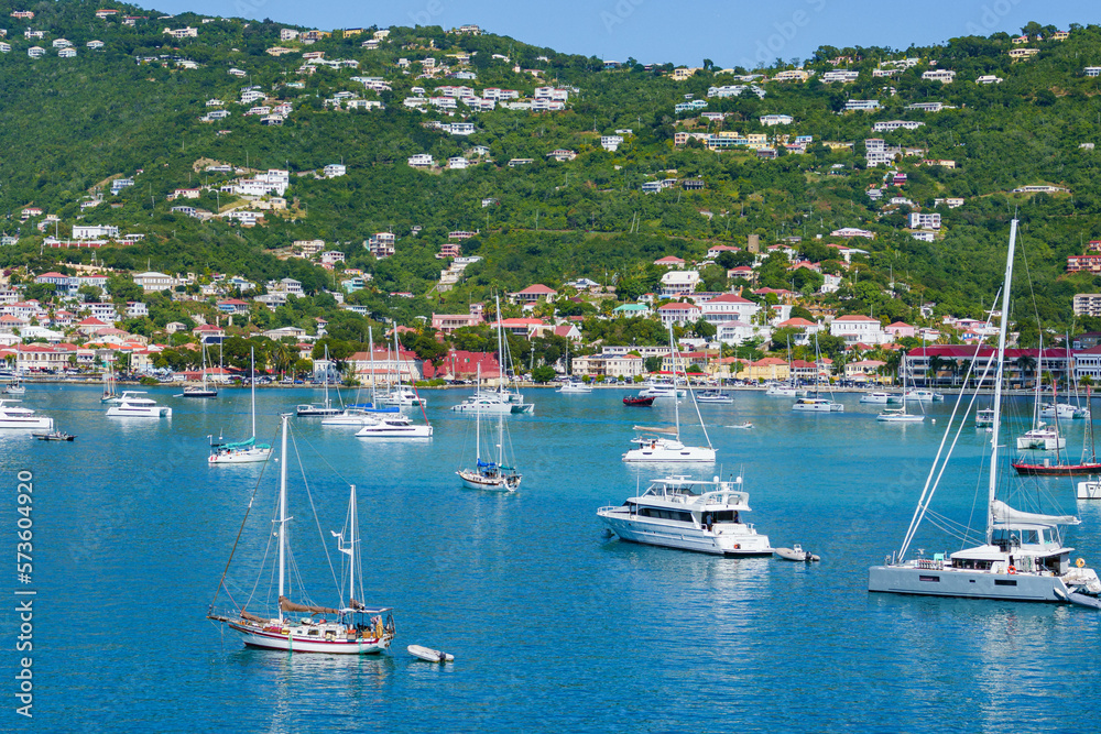 Boats anchored in the harbor of Charlotte Amalie (from Havensight) at St. Thomas US Virgin Islands