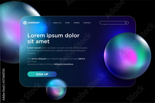 Vector image in the glass morphism style. Translucent template for web site. Frosted glass and spheres.