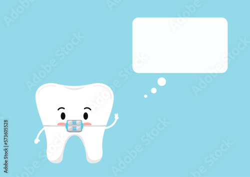 Happy tooth in braces icon with rectangular speech bubble isolated on blue background. Flat cute design kawaii dental emoticon in bracket. Vector cartoon style teeth character.