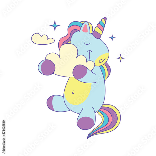 Cartoon Color Character Unicorn with Fluffy Cloud Concept Flat Design Style. Vector illustration of Mascot Mythology Horse