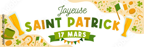 Joyeuse Saint-Patrick - Bannière colorée autour de la fête Irlandaise - Titre et illustrations  vectorisés 