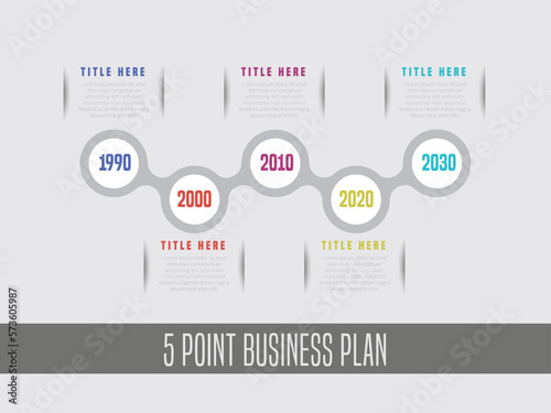 Abstract infographic showing the 5 steps process of a business plan timeline For presentations and posters. Vector illustration.