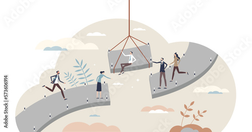 Bridging the gap and overcome obstacles with teamwork tiny person concept, transparent background. Find problem solution with missing peace with communication and working together illustration.