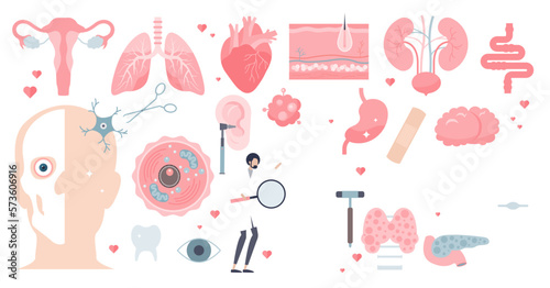 Human anatomy and isolated medical organs in tiny person collection set  transparent background. Elements with inner parts from digestive or cardiovascular system illustration.