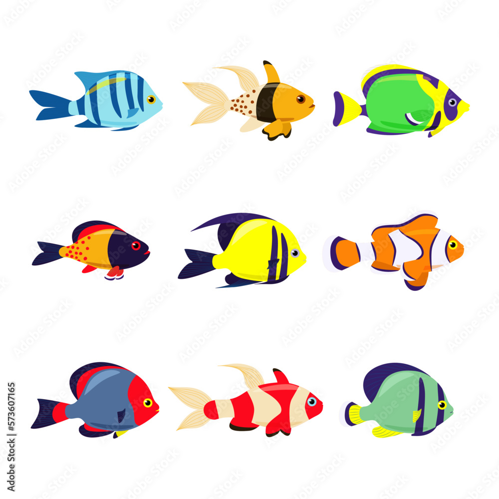 Set of marine exotic fishes on a white background. Collection Aquarium vector fish isolates. Sea fish. Vector illustration. Set of marine exotic fishes on a white background. Collection Aquarium vector fish isolates. Sea fish. Vector illustration.