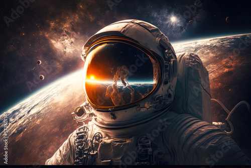 artististic astronaut in space with earth in background, generative ai photo